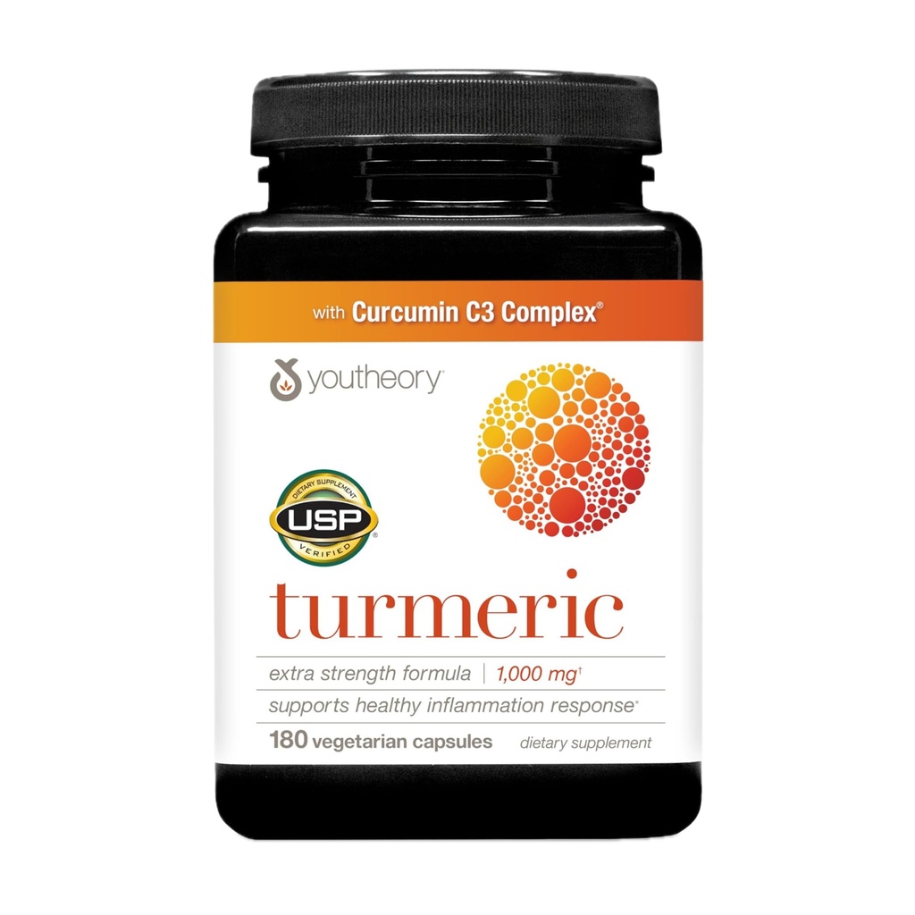 Youtheory Turmeric Extra Strength - 1.000 mg Turmeric Supplement - con 10 mg Black Pepper - Curcumin Joint Support* - Soy, Dairy & Gluten Free - 180 capsule vegetariane
