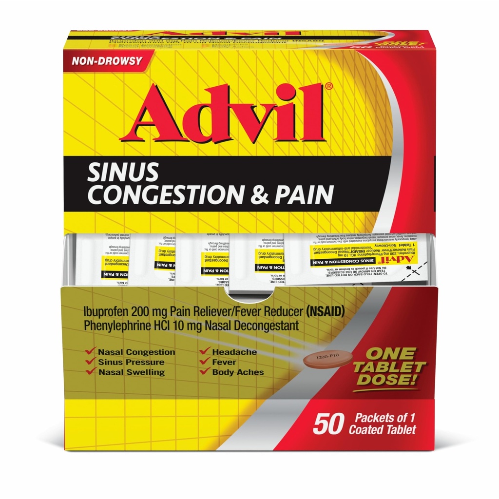 Advil Sinus Congestion and Pain, Sinus Relief Medicine, Pain Reliever e Fever Riduttore con Ibuprofene e Phenylephrine HCl - 50 compresse rivestite