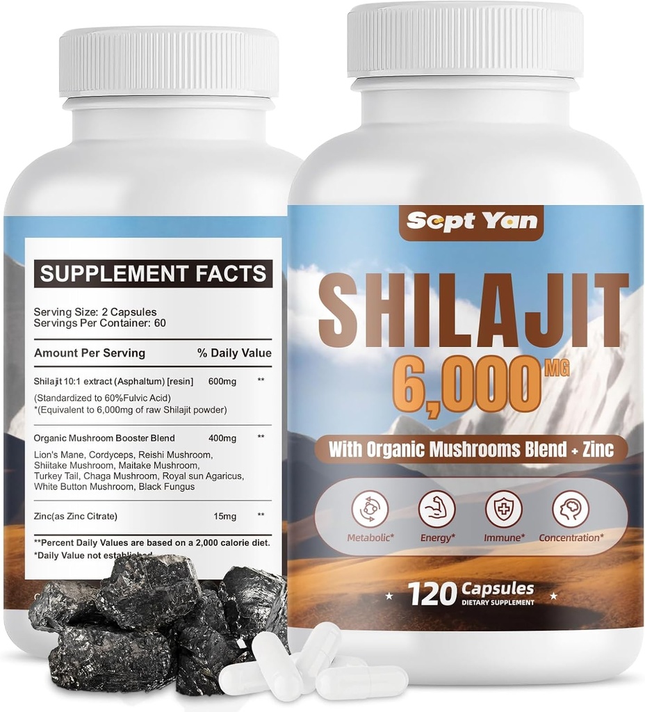 Shilajit Himalayan Capsule - Pure Himalayan Organic Supplement with Mushrooms Blend, Zinc - 2 mesi Fornitura per forza, Stamina, Cervello e Salute Immune - Shilajit per le donne & uomini 120 Conte Vegan