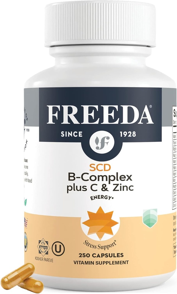 FREEDA Complesso B completo con vitamina C & Zinc – SCD Legal Vitamin B Complex (B1, B2, B3, B6, B12) – 250 capsule vegetariane, Adatto per tutti i follower di dieta SCD, Assistenza sanitaria quotidiana