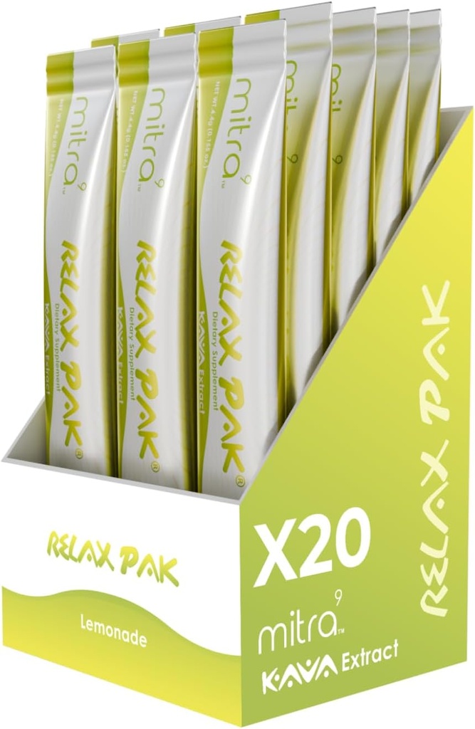 Mitra9 Kava Powder RelaxPak - Lemonade Kava Extract Powder Packets | Mood Enhancer | Plant Based | Promuove la calma naturale & Clarity | Easy Open Single-Serving Stick (20)