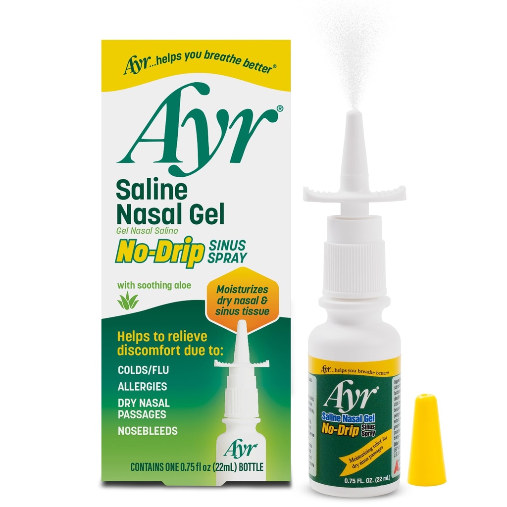 Ayr Saline Nasal Gel No-drip Sinus Spray With Soothing Aloe Vera, 0.75 Fl Oz Spray Bottiglia, (Pack of 1)