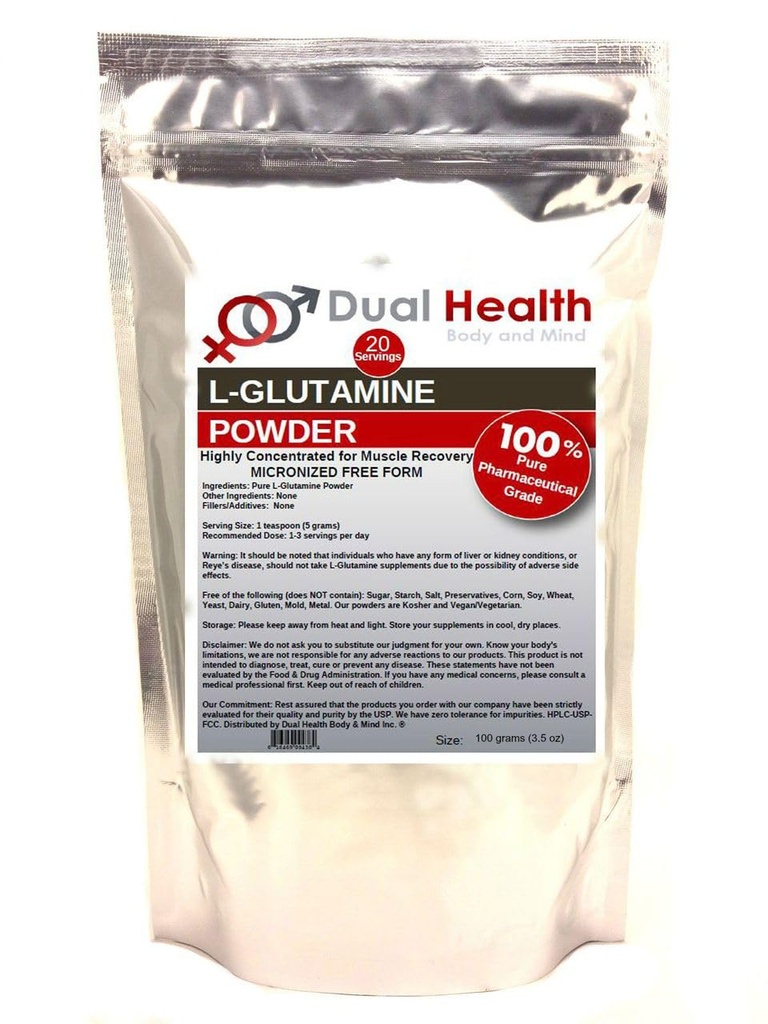L-Glutamina (100 Grammi -3.5 oz) Polvere pura 5000mg Supplementi di massa di forma libera, Made in USA, Immune Digestion GI Support Leaky Gut Health Muscle Energy Stamina Endurance Strength