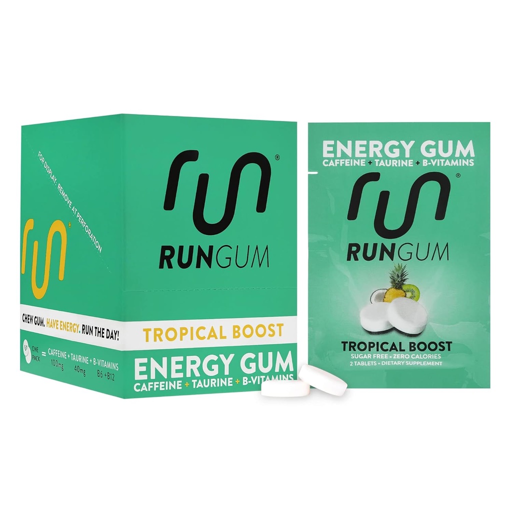 RUN GUM Tropical Boost Energy Chewing Gum 50mg Caffeine Taurine & B-Vitamins Per Piece, 24 Pezzi (Pack of 12) Sugar Free, Zero Calorie, No Aspartame, and Gluten Free, 1 ea