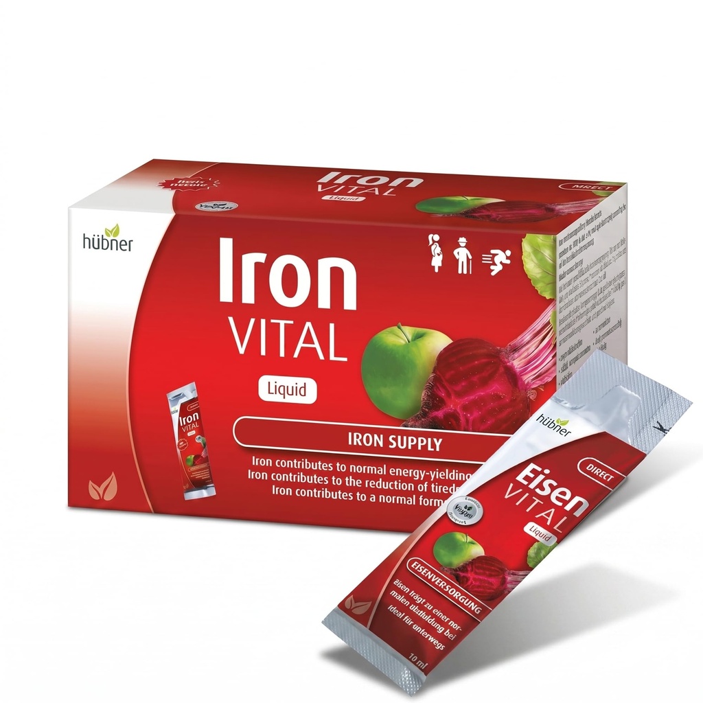 Fornitura di ferro vitale di ferro di Hübner più vitamina C, supplemento dietetico per adulti e bambini, Vegan e senza glutine, aroma di frutta, scatola di 20 confezioni, 10 ml ogni