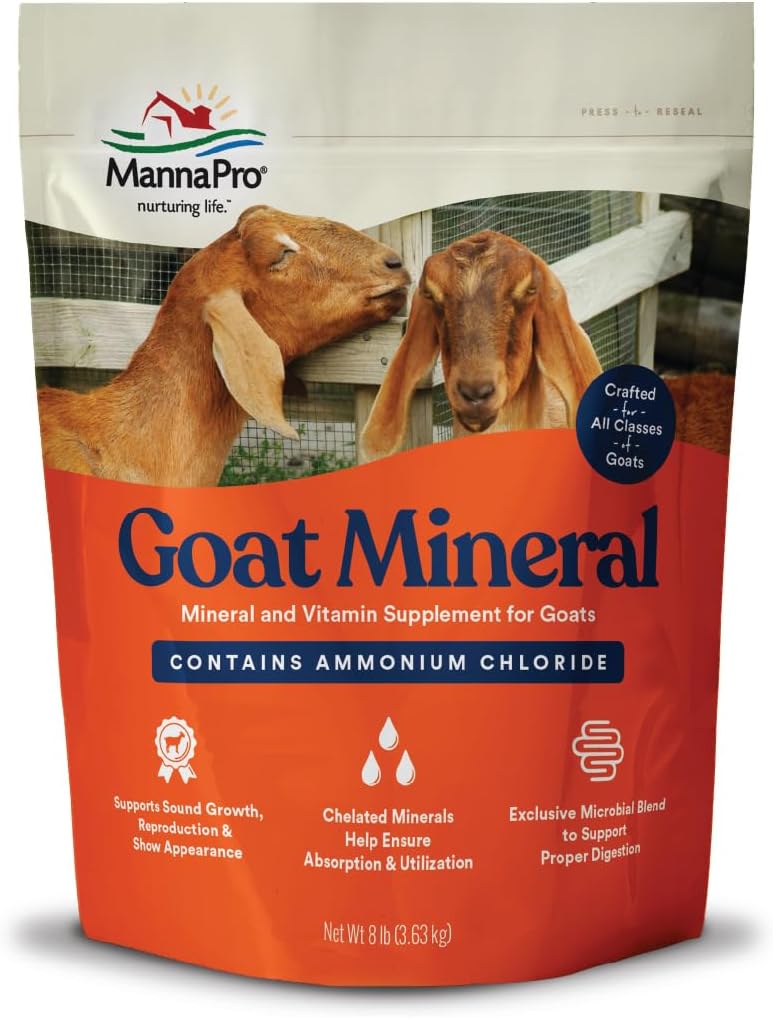 Manna Pro Goat Mineral Supplement, Vitamine essenziali e minerali per la crescita e lo sviluppo, Include cloruro di ammonio e miscela microbica per la salute digestiva, 8 lbs
