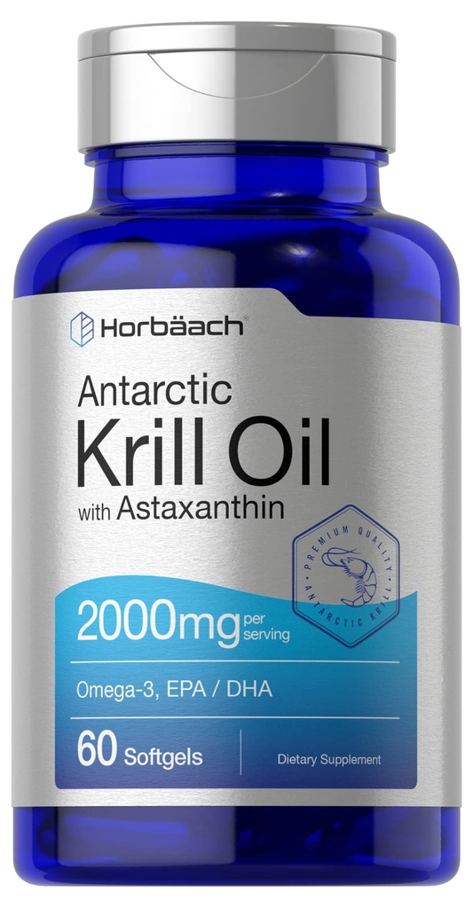 Horbäach Antarctic Krill Oil 2000mg | 60 capsule Softgel | Omega-3, EPA, DHA Supplement | con Astaxanthin | Non OGM, Gluten Free