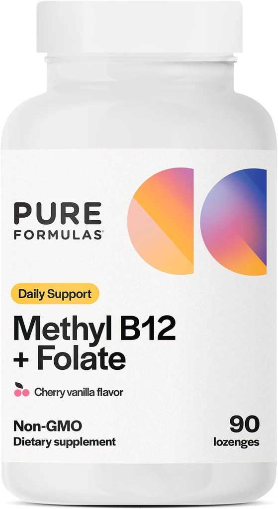 PureFormulas Methyl B12 + Folate Supplement, 1.000 mcg di Methylated B12 Supplemento, 665 mcg di Folate, Cherry Vanilla Flavor, Methylated Vitamin B 12 - Non-GMO, 90 Lozenges