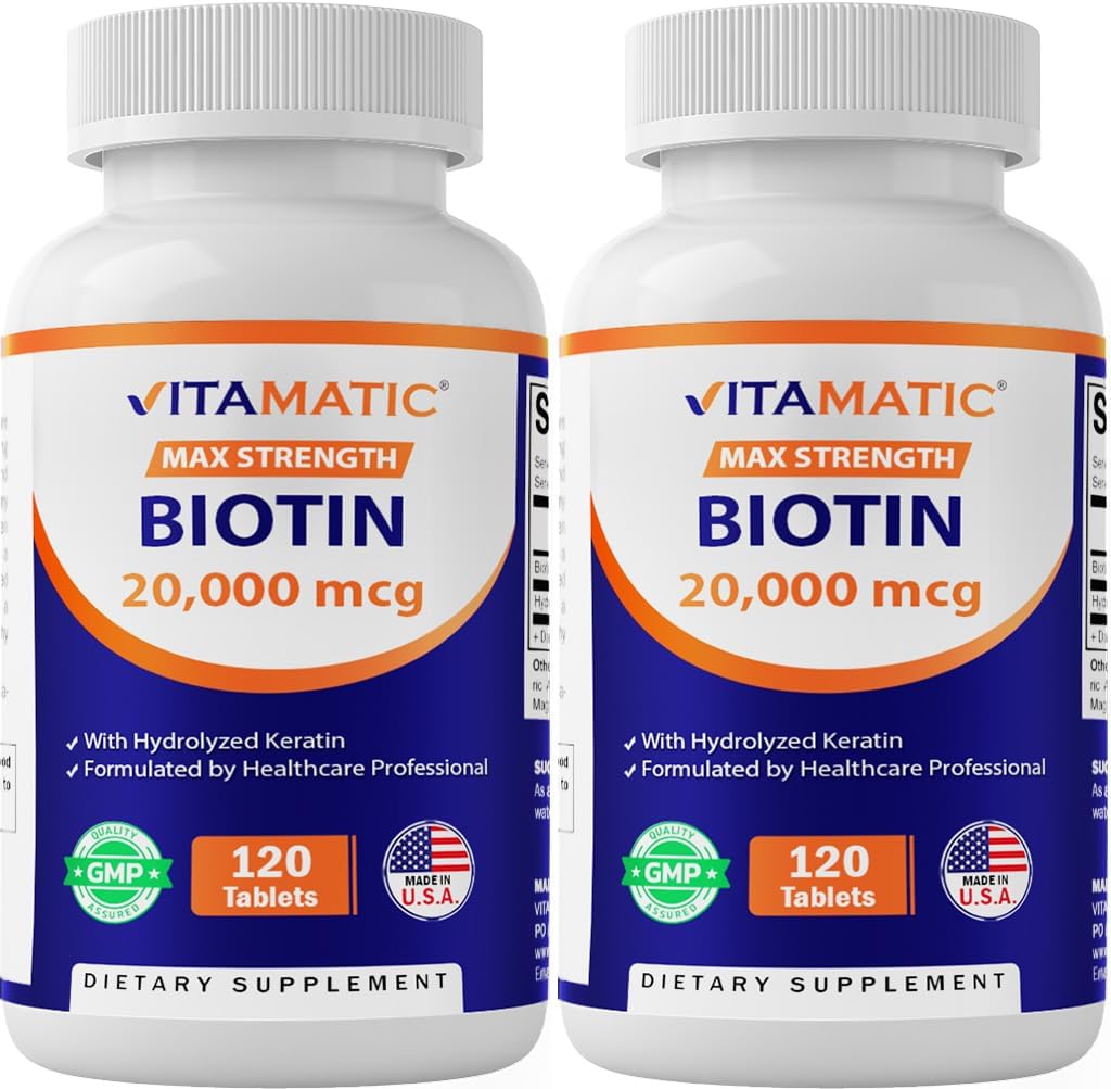 Vitamatic High Potency Biotin 20000 mcg (20mg) con Keratin 100mg - 120 compresse vegetariane - Integratori biotina per pelli sane e chiodi per adulti (120 Conteggio (Pack of 2))