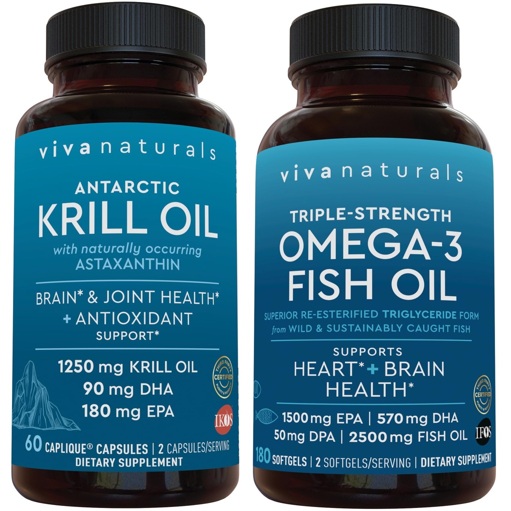 Antartico Krill olio e Triple-Strength Omega 3 Fish Oil Bundle, 1250 mg Krill olio & 2,200 mg Fish Oil per la fornitura di Omega 3 EPA e DHA