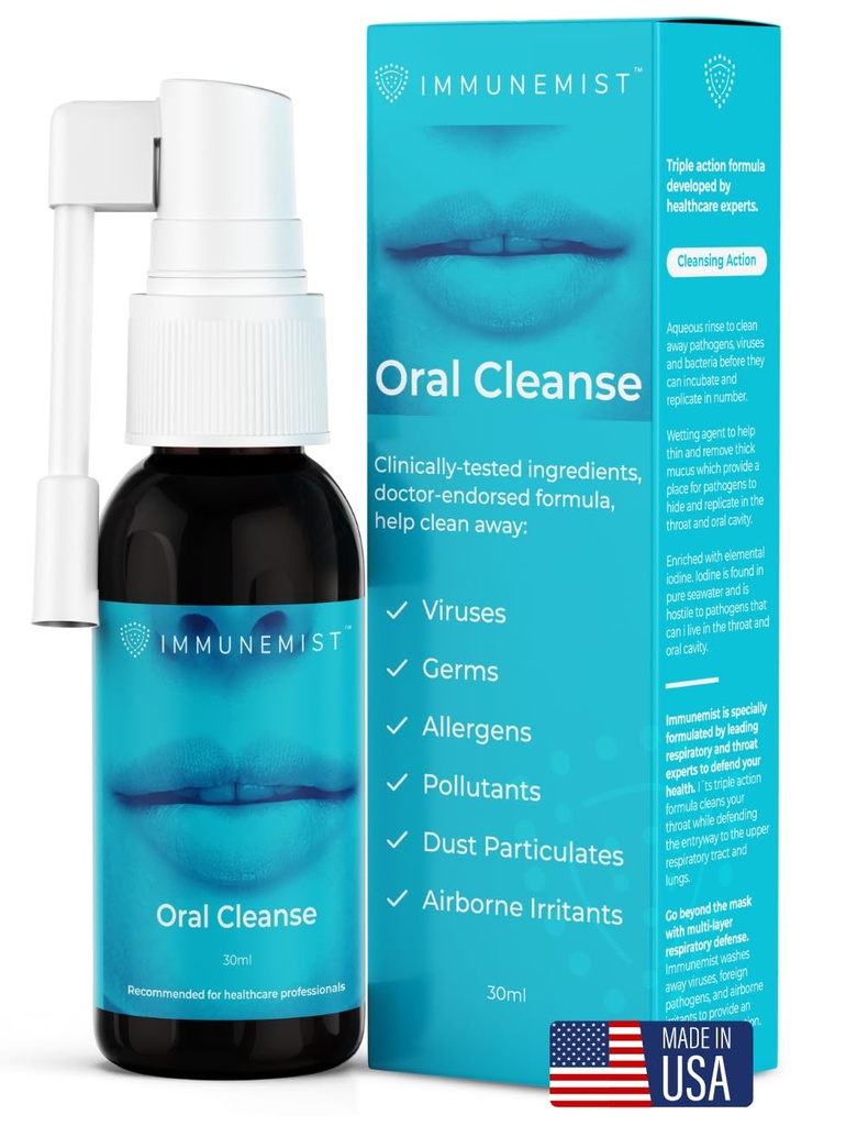 ImmuneMistTM Oral Cleanse - Iodio Throat Spray per Cold & Flu Relief - Oral Sore Throat Spray per Tosse, Cleansing Against Bacteria, Germs, Viruss - Supporto immunitario fino a 250 Doses - Made in USA