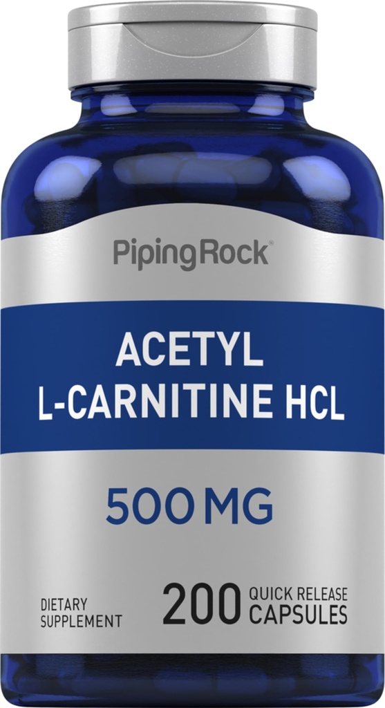 Piping Rock Acetyl L-Carnitina HCL | 500 mg | 200 capsule di polvere | Non OGM, Gluten Free Supplement
