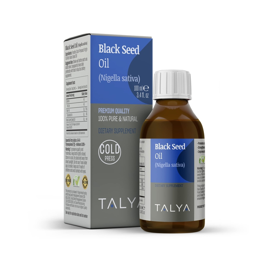 TALYA Black Seed Oil 3.4 fl. oz (100 ml) - Liquid Black Seed Oil - Integratore alimentare - Supporto immunitario - Alto Thymoquinone - Pressato a freddo - Pure Turkish Black Seed Oil - Non-GMO - Bottiglia di vetro