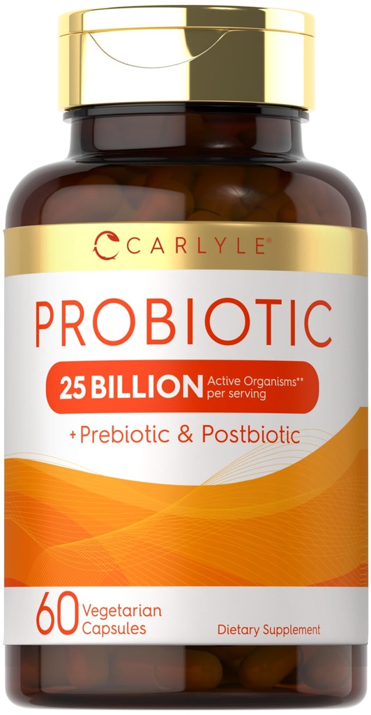 Carlyle Probiotic con Prebiotici e Postbiotici | 25 miliardi di CFU | 60 capsule | Supplemento per donne e uomini | Pillole in polvere | Vegetariano, Non OGM & Gluten Free