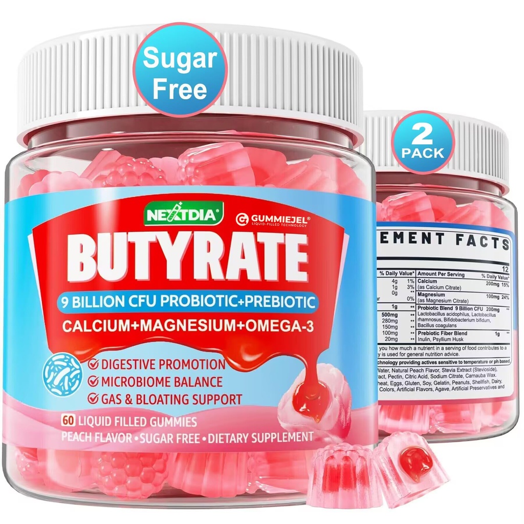 Butyrate Gummies con Probiotico + Prebiotico + Postbiotico, Omega-3 500mg,9 miliardi di CFU Probiotici con Fibra, Calcio & Magnesio, Inulina,Psyllium Husk per la salute digestiva,Supporto per il gonfiore,Sgar Free