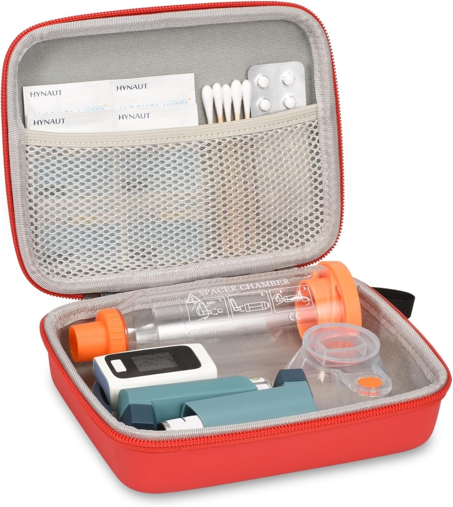Hard Travel Case per Asthma Inhaler e Accessori, con Mesh Pocket per Medicina, Rosso