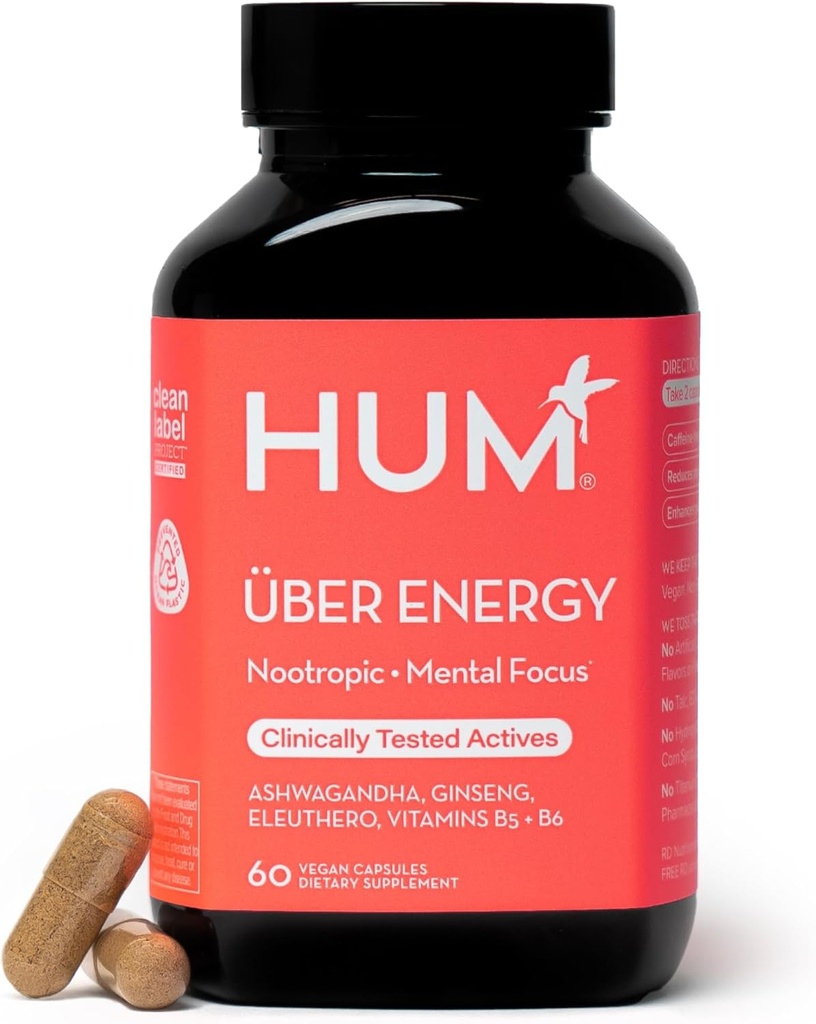 HUM Uber Energy Adrenal Energy Support Supplemento con Ashwagandha Root, Ginseng, B Vitamine, Vitamina B6, B5 e Adaptogens, Integratori per il supporto della fame surrenale, 60 capsule vegane