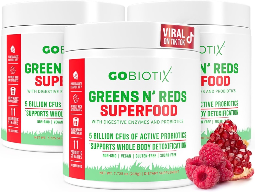 GOBIOTIX Super Greens and Reds Powder - Superfood rosso e verde - Supplemento probiotico - Enzimi digestivi e polvere di radice di barbabietola - Integratore alimentare Intero Organico (Pom Raspberry, 3 Pack)