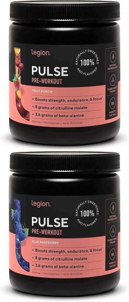 LEGION Pulse Pre Workout Supplemento - Tutto naturale Nitric Oxide Preworkout Bere per aumentare l'energia, Creatina Libero, naturalmente addolcito, Beta Alanine, Citrulline, Alpha GPC (Fruit Punch & Blue Raspberry)