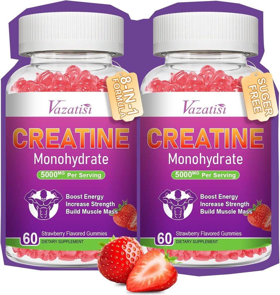 2 Confezione Creatina Monoidrato Gummies per le donne e gli uomini, Zucchero Free Vegan Creatina Supplemento per la costruzione di muscoli, Aumenta l'energia e la forza, Natural Strawberry Flavor, 120 Conte