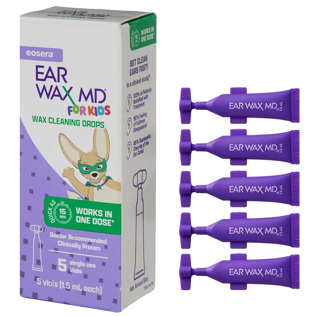 Eosera® Ear Wax MD® per bambini - Gocce di pulizia della cera dell'orecchio, 5pk Vials | Fast-Acting | Rompere giù & Dissolves Ear Wax in Little as 1 Treatment | Clinically Proven | Gentle & Safe I for Kids Age 2+