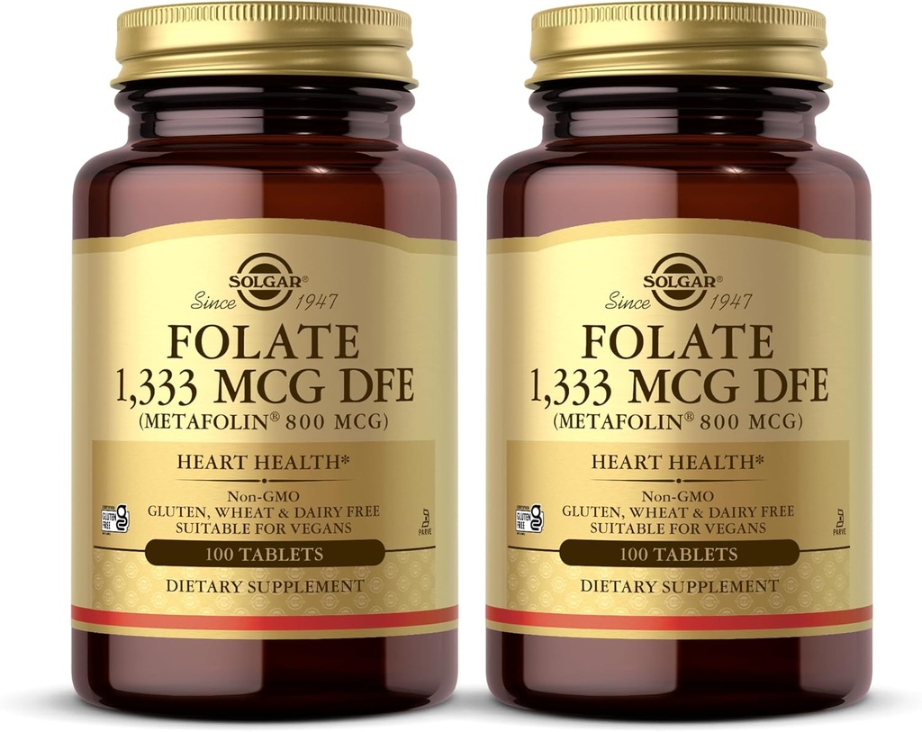 Solgar Folate 1.333 mcg DFE (Metafolin 800 mcg) - 100 compresse, Confezione da 2 - Vitamina Prenatale - Non OGM, Senza glutine, Latticini, Kosher - 200 Total Servings