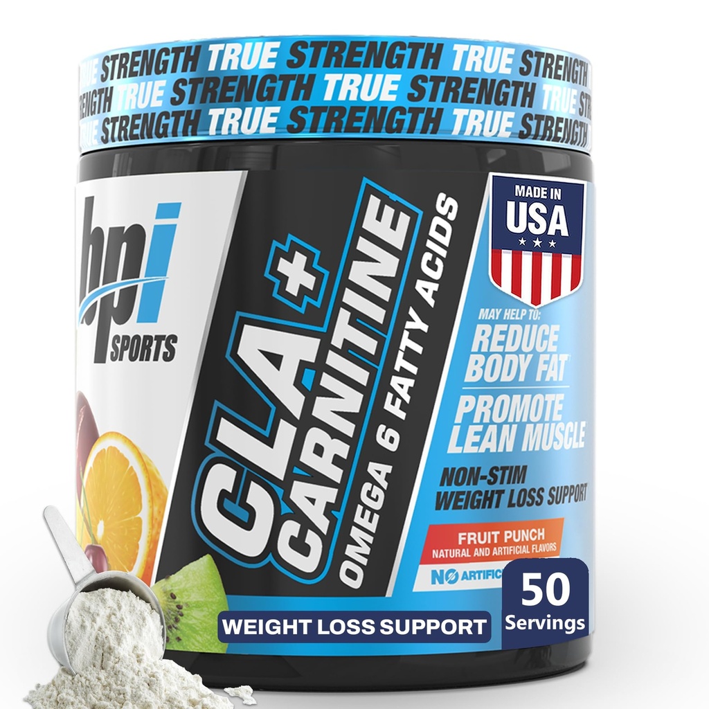 BPI Sports CLA+Carnitina – CLA L Carnitina & Linoleic Acid – L Carnitina Supplemento per la perdita di peso, Metabolismo & Magra muscolare – Caffeina Free – Fruit Punch – 50 Serve – 12.34 oz