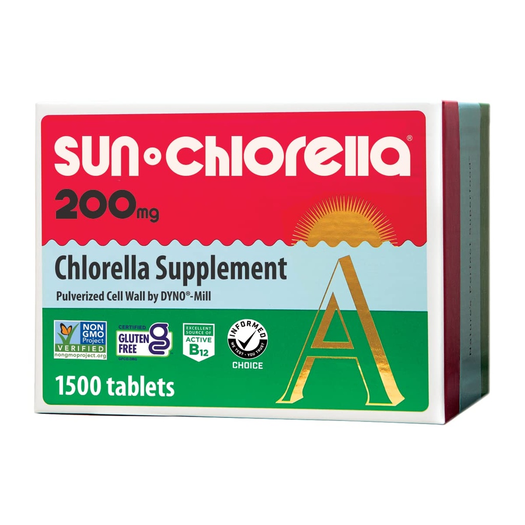 Sun Chlorella 200 mg Green Algae Superfood Supplemento - Muro Pulverized Cell - Clorofilla, CGF, Active B12, Ferro da stiro, Proteine - Non OGM - 1500 Tavole
