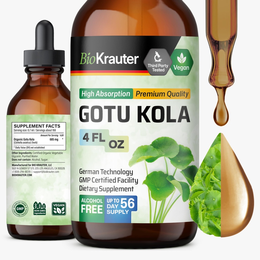 BIO KRAUTER Gotu Kola Tincture - Centella Asiatica Extract - Alcol and Sugar Free Gotu Kola Extract - Vegan Drops 4 Fl.Oz.