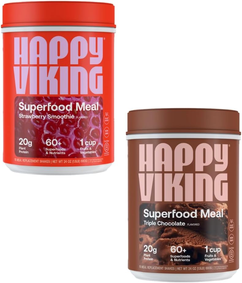 Happy Viking Chocolate and Strawberry Powder, di Venus Williams, 20G Protein, Low Carb, Keto, Vegan, Gluten-Free, Superfoods, Complete Meal Sostituzione, 2 Canisters (24 oz. Ogni)