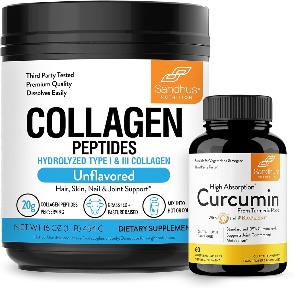 Sandhu's Collagen Peptides Powder & Curcumin con Bioperine| Supporta la funzione immunitaria