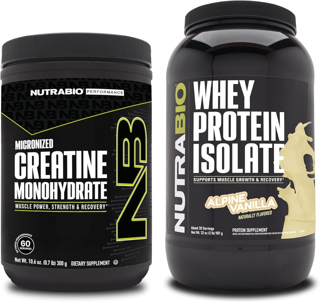 NutraBio Creatina monoidrato, non aromatizzato, 300g e isolato di proteine del siero, vaniglia alpina, supplemento Bundle - energia muscolare, crescita muscolare magra, recupero e resistenza