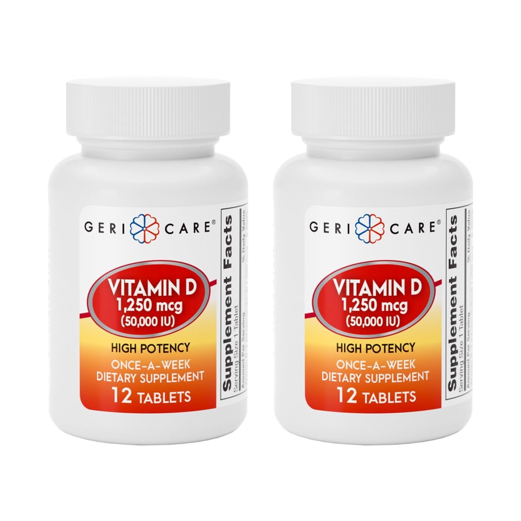 GeriCare Vitamina D 1.250mcg (50.000 UI) Alta potenza, Supporta la densità di ossa, la salute del muscolo, la funzione immunitaria e l'assorbimento di calcio, un supplemento dietetico di una volta-A-Week, 12 conte (pacchetto di 2)