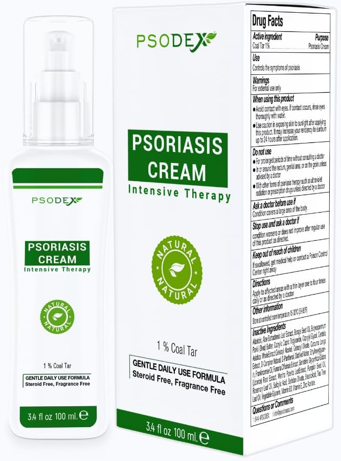 Crema di psoriasi di PSODEX – 3.4fl oz Trattamento della psoriasi topica con Tar di carbone, Acido salicilico, Olio di Tea Tree, Aloe Vera – Ingredienti naturali – Crema di Psoriasi di Tar di Coal e idratante