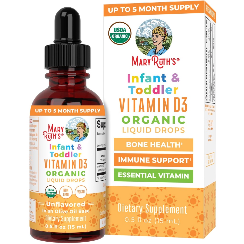 MaryRuth Organics USDA Organic Vitamin D Drops | Vitamina D3 Liquid | Sugar Free | Liquid Vitamin D Drops Supporto immunitario per neonati e bambini | VIT D3 | Gluten Free | Non-GMO | 90-150 Serve