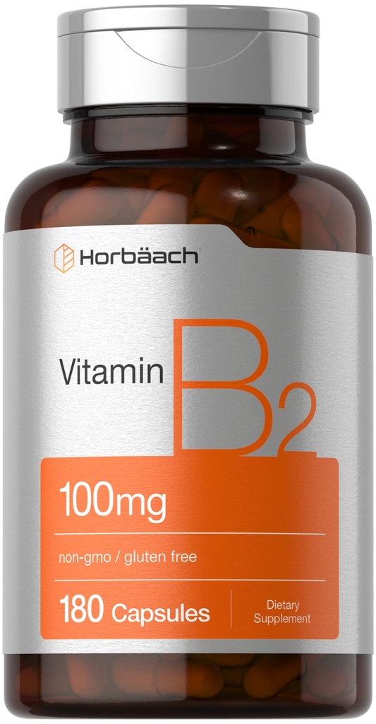 Horbäach Vitamina B2 100mg | 180 capsule | Riboflavin Supplemento | Non OGM & Gluten Free