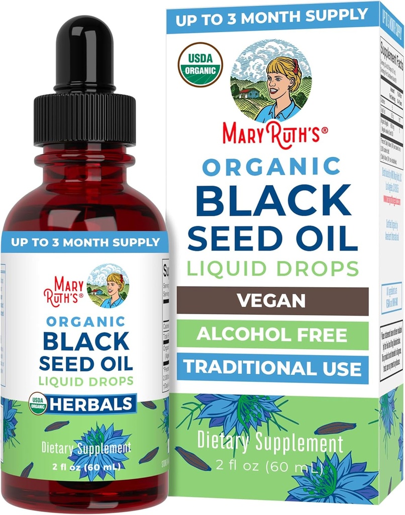 MaryRuth Organics Black Seed Oil Liquid Drops Cold Pressed | 3 mesi di alimentazione | USDA Organic Black Cumin Seed Oil | Supporto immunitario | Salute respiratoria | Sugar&Gluten Free | Vegan | Non-GMO | 2 Fl Oz