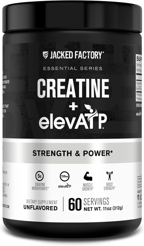Creatina di fabbrica Jacked + ElevATP - Polvere di monoidrato di creatina per la crescita del muscolo, aumento della resistenza, aumento della produzione di energia, con ElevATP per l'energia sostenibile e l'eccedenza - 60 Serve, non infiammata