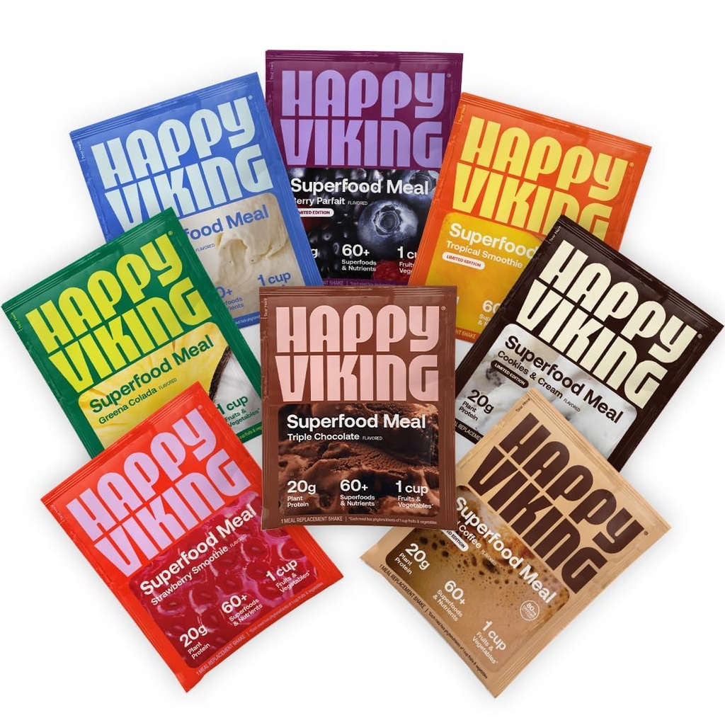 Happy Viking Variety Pack Plant Protein Powder, Creato da Venus Williams, 20G Protein, Basso Carbo, Keto, Vegan, Senza Glutine, Non OGM, Superfoods, Sostituzione Meal Completa, 8 pacchetti di Serve Singola