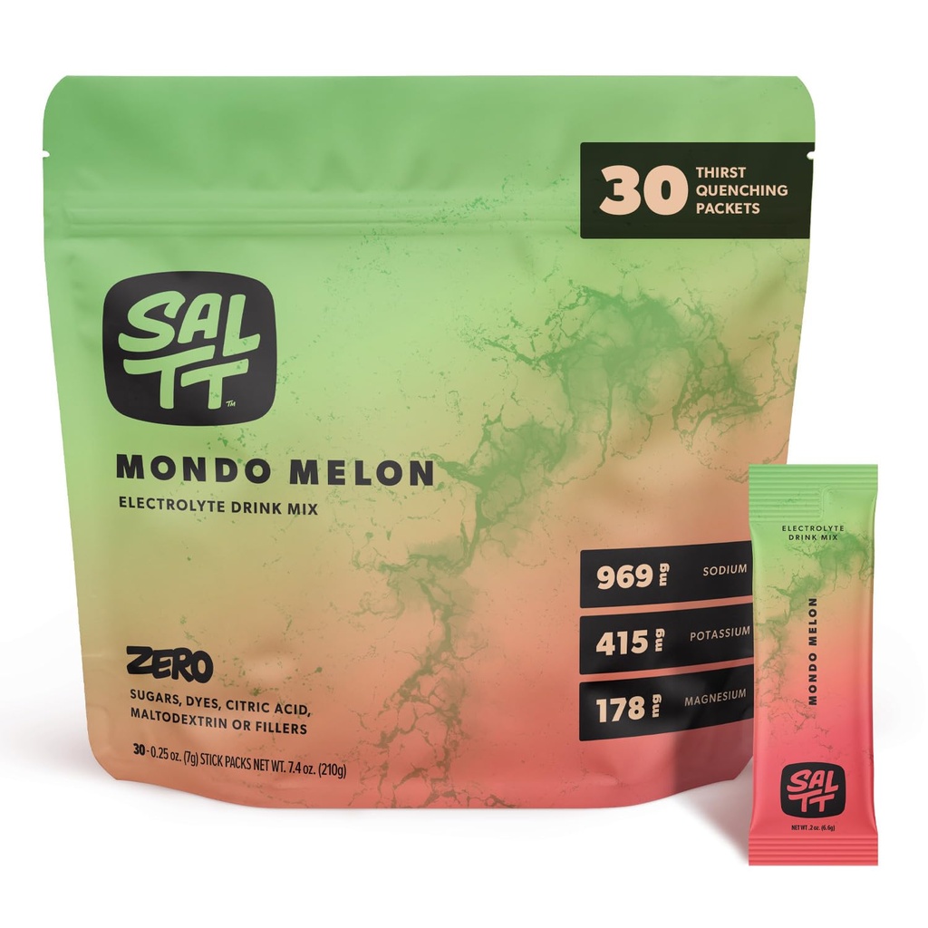 SALTT Electrolytes Powder Flavored Drink Mix - Mondo Melon - 30 Pacchetti di idratazione - Magnesio, Potassio, Sodio, Minerali di Trace - Zero Sugar & Gluten Free - Essenziale di viaggio