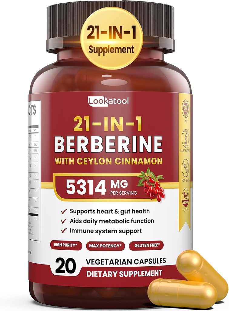 21-in-1 Berberina Supplemento con Ceylon Cinnamon - 1500mg Organic Berberine HCL Phytosome, 5X Assorbimento Superiore per il supporto Metabolismo 20 capsule