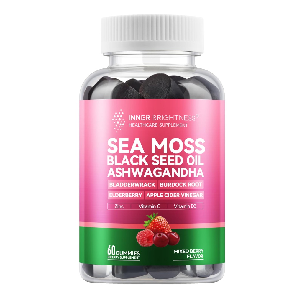 Sea Moss 4000mg Gummies con Ashwagandha, Elderberry, Aceto di sidro di mele, Bladderwrack, Radice di Burdock – Supporto immunitario – Aroma misto di bacche – 60 Conte