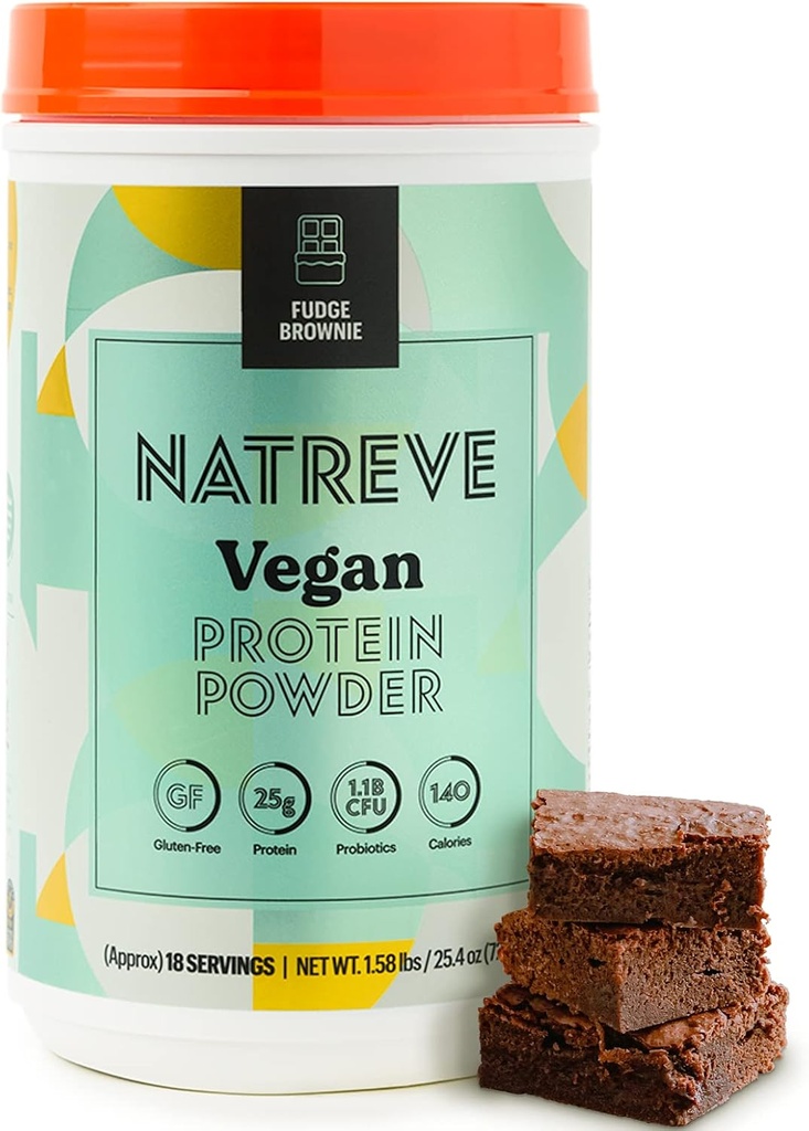Natreve Vegan Protein Powder - 25g polvere proteica vegetale con probiotici e aminoacidi - Gluten Free Fudge Brownie, 18 Servings