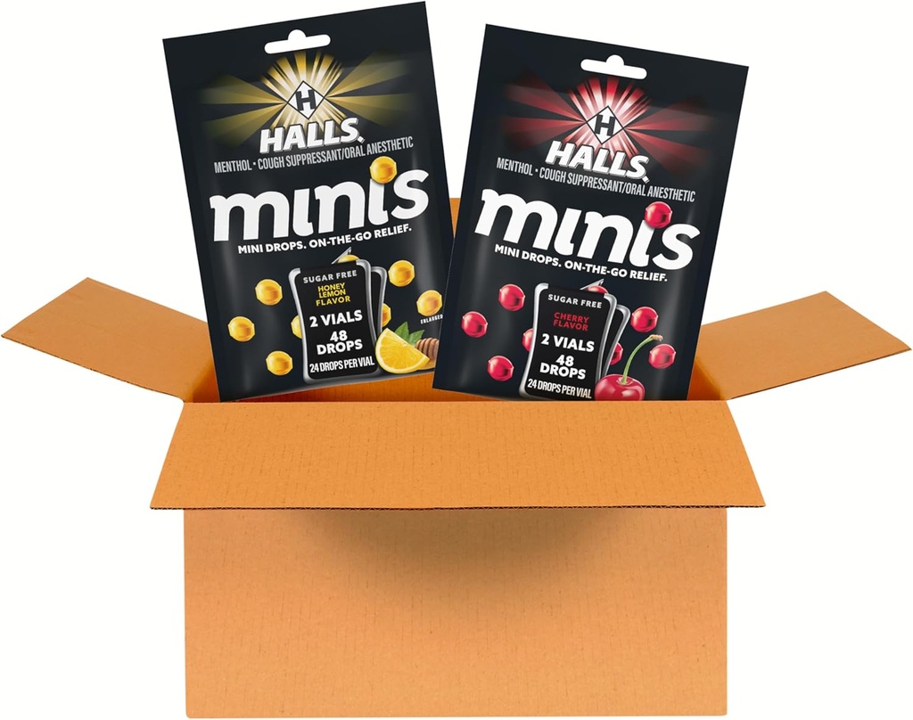 HALLS Minis Cherry and Honey Lemon Sugar Free Cough Drops Variety Pack, 2 Borse, 4 Pacchetti (96 Total Drops)