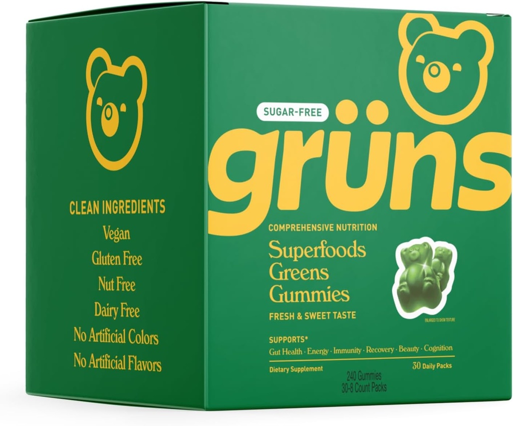 Gruns Sugar Free Super Greens Gummy Bears - Spirulina Organica e clorella, Prebiotici per la salute digestiva, 20+ Vitamine e Minerali, Adaptogens - 30 sachets - 240 Gummies