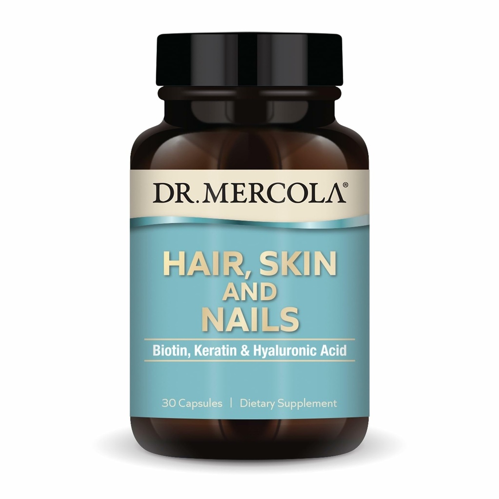 Dr. Mercola Hair, Skin and Nails - Fornisce Biotin, Keratin & Acido Ialuronico - Qualità Premium - Supporta l'invecchiamento sano - Non OGM, Gluten-Free & Soy-Free - 30 Capsule (30 Serve)