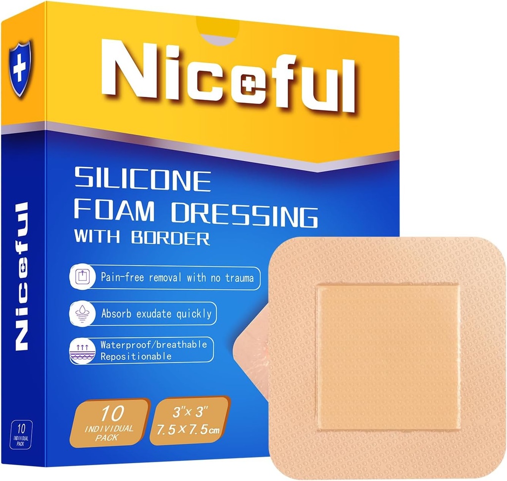 Silicone Foam Dressing 3x3 in (7.5x7.5cm), High Absorbency Bed Sore Bandages Wound Care Dressing, Bandages in silicone resistente all'acqua per la cura della pelle sensibile (10 Pcs)