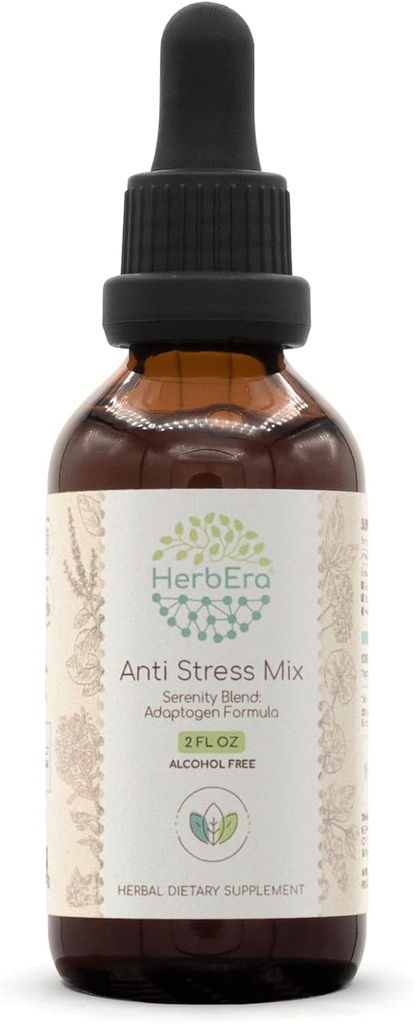 Anti Stress Mix B60 Alcohol-Free Extract Tincture, Eleuthero Root, Rhodiola Root, Schisandra Berry, Gotu Kola Herb, Sacro Basil Herb. Serenity Blend: Adaptogen Formula 2 Fl Oz