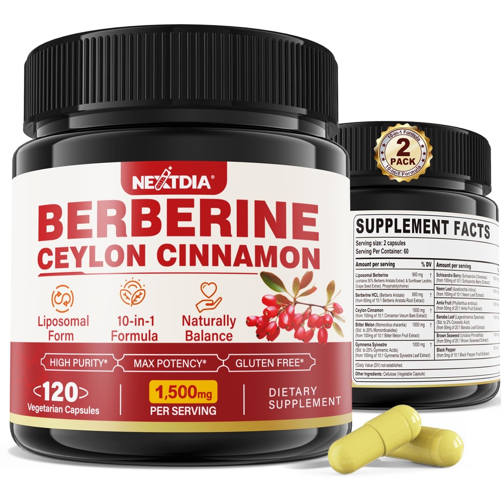 2 Confezione 1500 mg di Berberina Liposomal HCL con Ceylon Cinnamon Bitter Melon, Organic Berberine Complex Integratori con Banana Leaf, Supporti Immune & Digestione - Vegan 240 Capsule