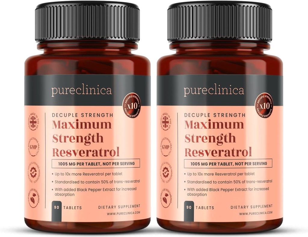 purclinica 1000mg Resveratrolo x 180 compresse (2 Bottiglie di 90 compresse ogni - 6 mesi di alimentazione). 10 x resistenza e con estratto di pepe nero per assorbimento più veloce